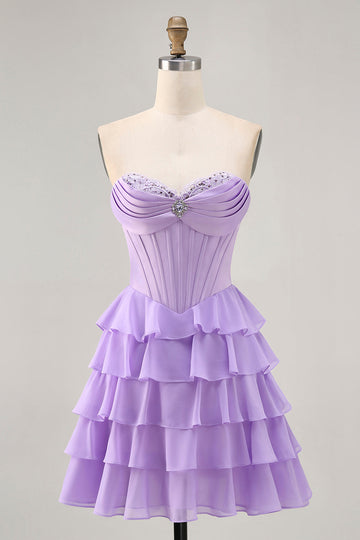 Strapless Purple Tiered Corset A Line Cocktail Dress
